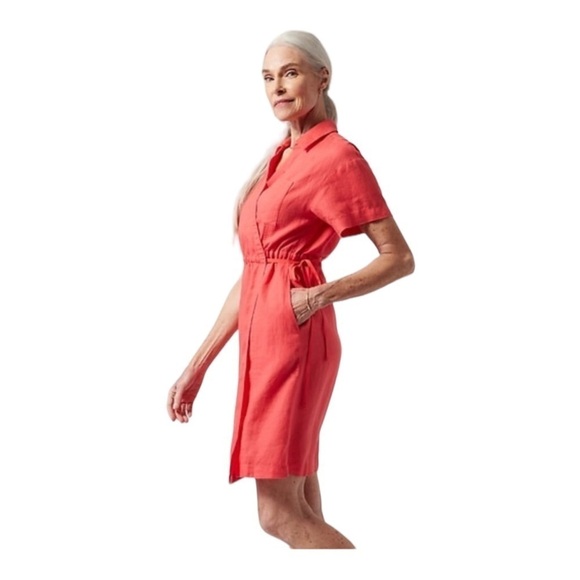 ATHLETA Playa Linen Short Sleeve Tie Waist Mini Wrap Dress Coral Size 10 - Picture 3 of 8